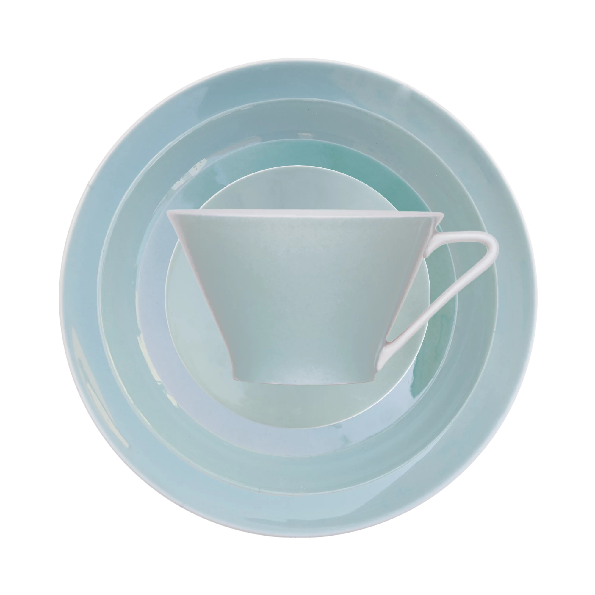 Produktbild von 5-teiligem DAISY Melange Serviceset in blaugrau, Teller Ansicht von oben, Tasse seitliche Ansicht